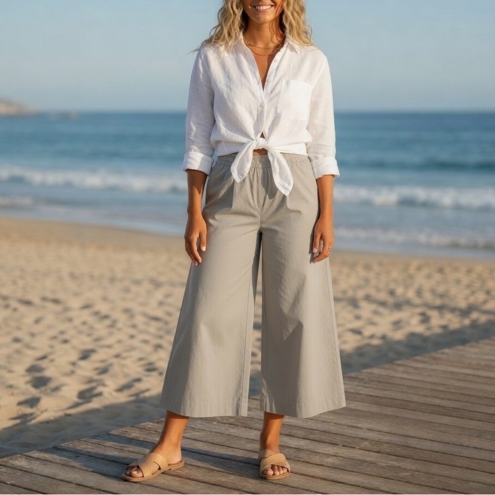 Women M Wide Leg Crop Pants Pullon Tan Crisp Cotton Casual Coastal Minimal NWT